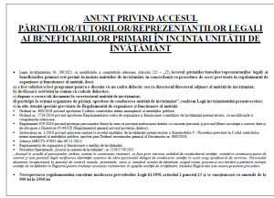 ANUNȚ PRIVIND ACCESUL ÎN UNITATEA DE ÎNVĂȚĂMÂNT